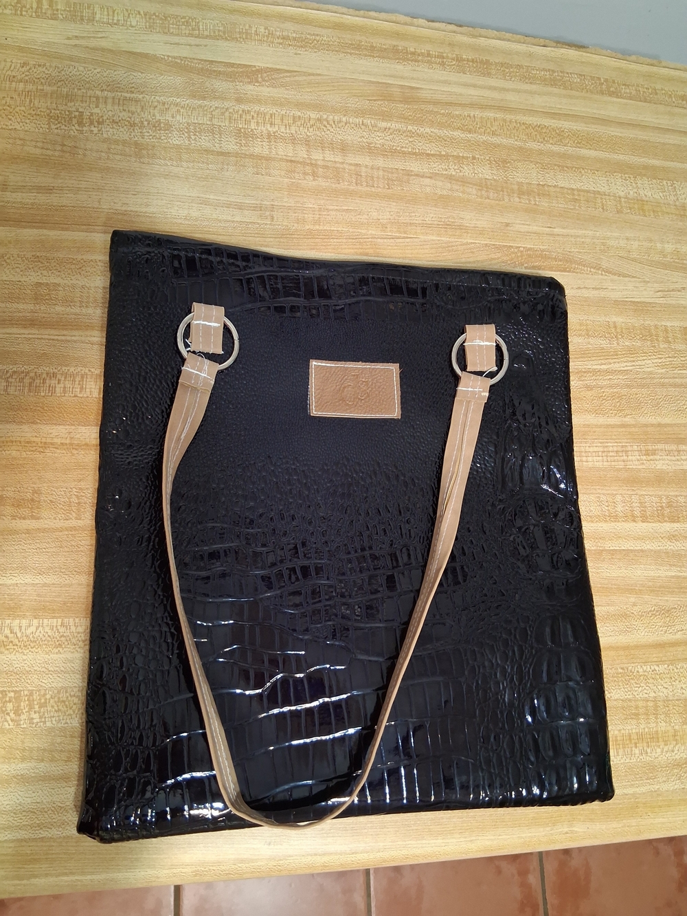 Black Croc-Textured Tote with Tan Handles